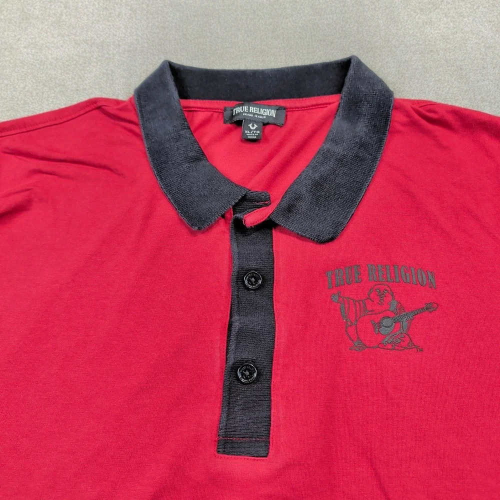 True Religion Polo XL Mens Red Black Buddha Logo Graphic Y2K Cotton Short Sleeve